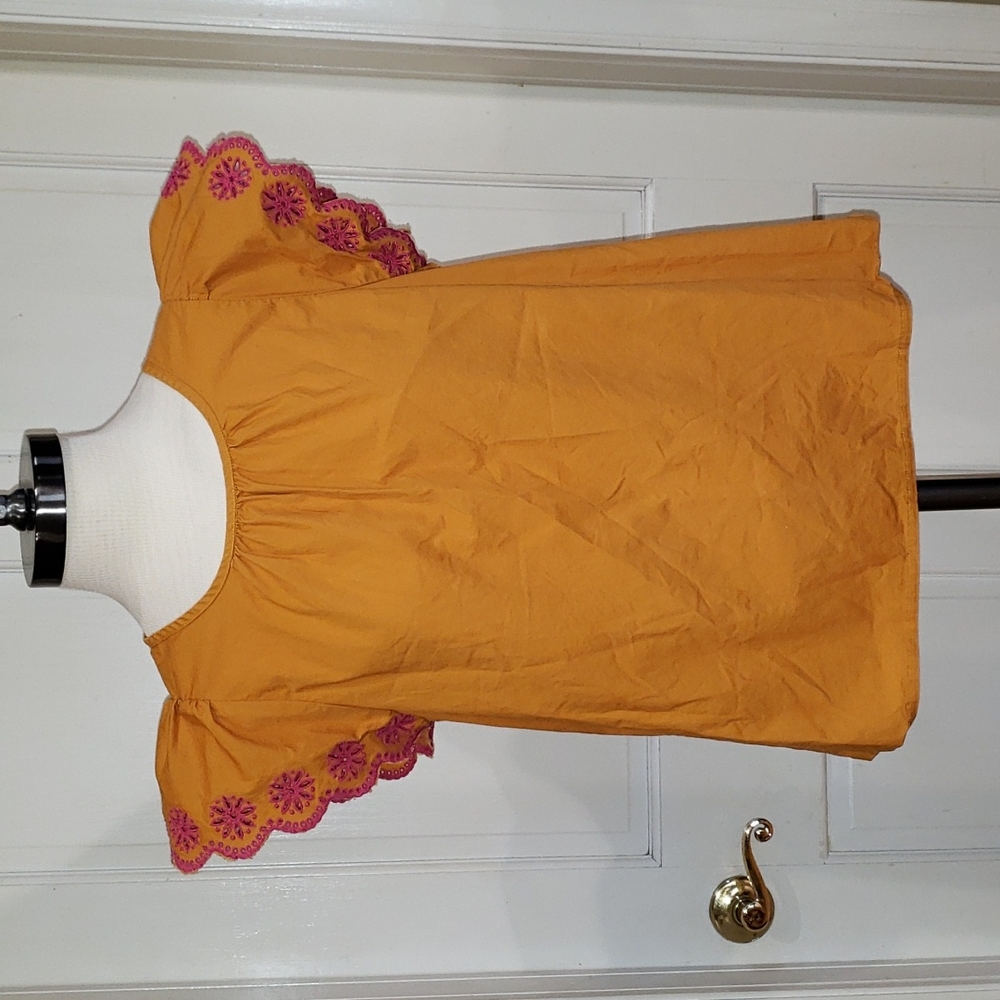 J Crew Orange Blouse with Pink Eyelet Detail Flutter Sleeves, Size Small